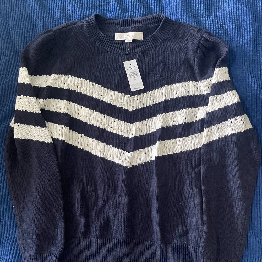 LOFT navy Blue and Cream Knit Sweater